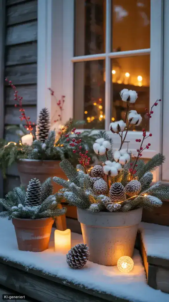 Winterdeko im Topf: 15 Ideen für drinnen und draußen Winterdeko in mehreren Pflanztöpfen mit Tannengrün, Baumwollzweigen, Zapfen und warmen LED Lichtern