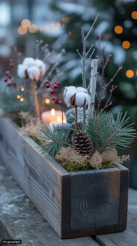 Winterdeko im Topf: 15 Ideen für drinnen und draußen Winterlicher Holzkasten mit Tannengrün, Baumwollzweigen, Beeren, Zapfen und LED Licht