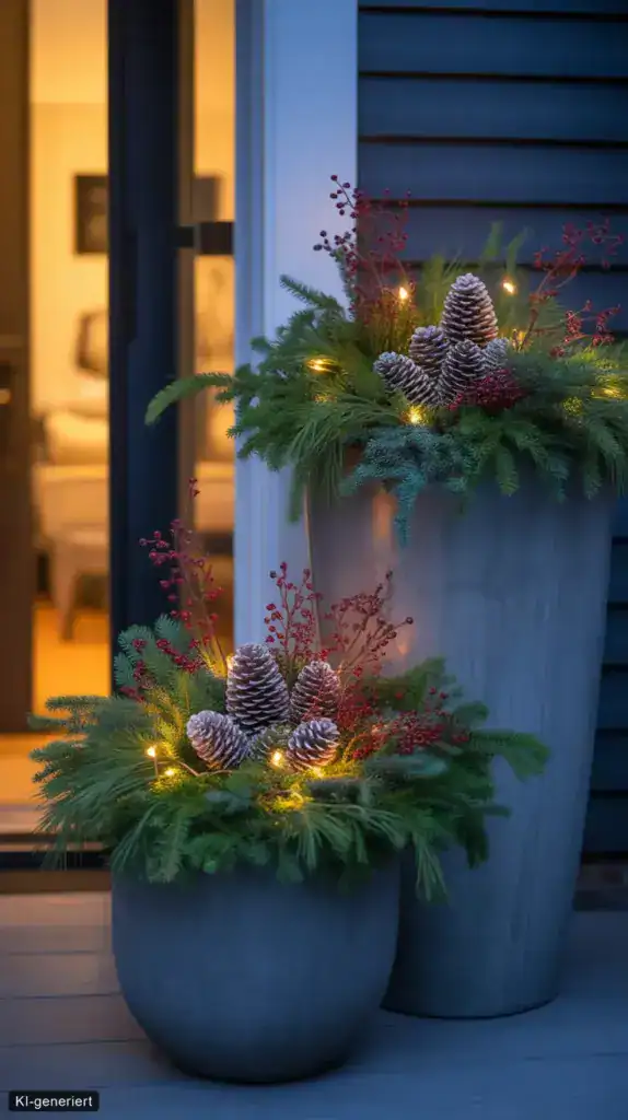 Winterdeko im Topf: 15 Ideen für drinnen und draußen Zwei graue Pflanzkübel mit Tannengrün, roten Beeren, Zapfen und warmweißen LED Lichtern