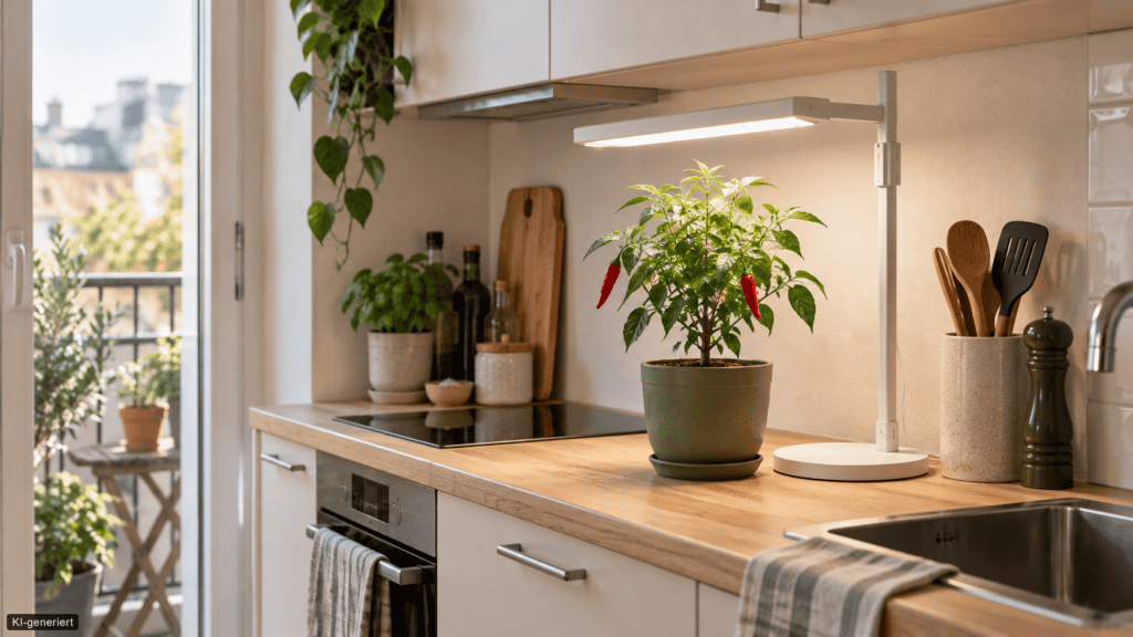 Eine kleine Chilipflanze überwintert unter einer höhenverstellbaren Pflanzenlampe auf der Arbeitsplatte einer schmalen Küche.