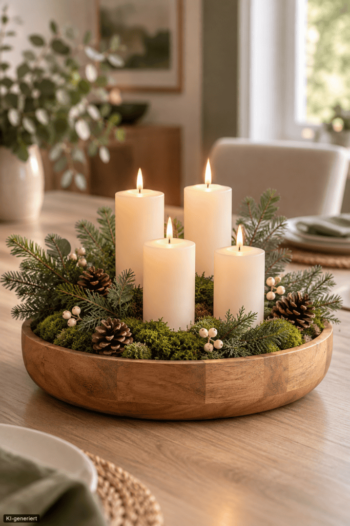 Natur und Creme
Große Holzschale mit vier cremefarbenen Kerzen, Moos, Tannenzweigen und Zapfen als natürliche Weihnachtsdeko