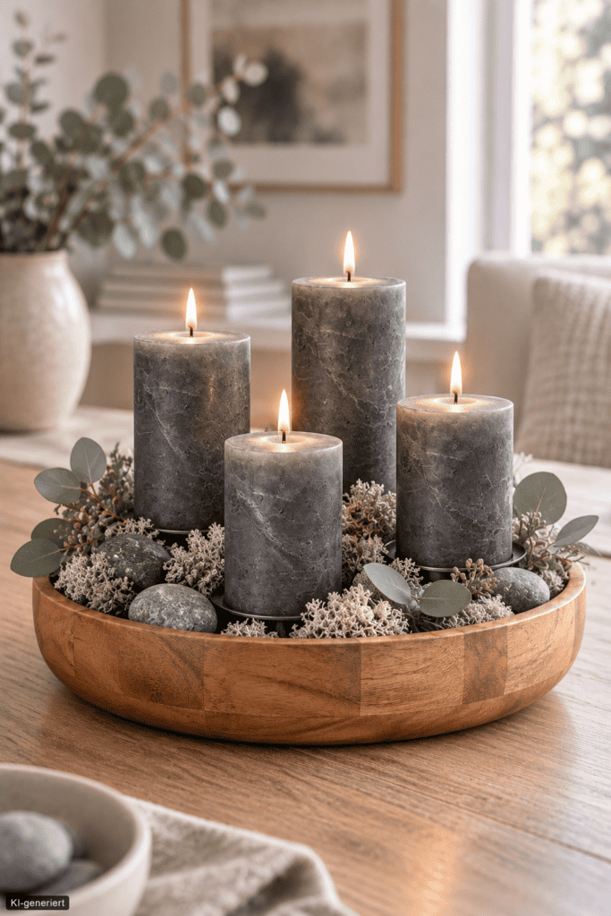 Graue Kerzen in Marmoroptik
Moderne Holzschale mit vier grauen Kerzen in Marmoroptik, Moos, Tannengrün und silbernen Weihnachtskugeln