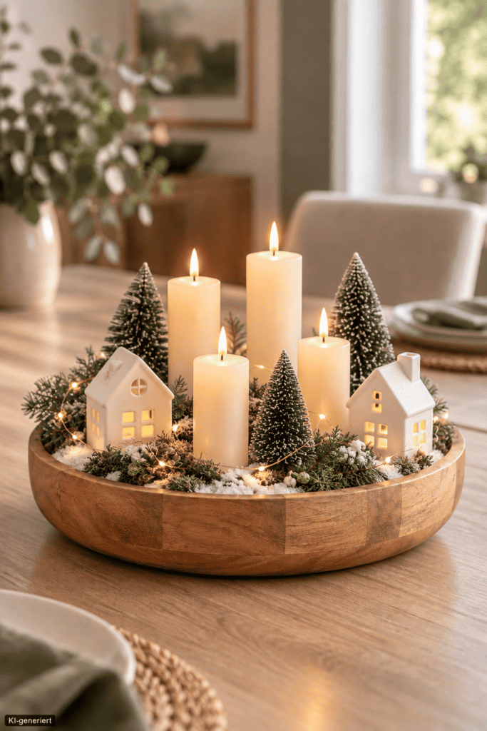 Kleine Winterlandschaft
Holzschale als kleine Winterlandschaft mit vier hellen Kerzen, Miniaturhäusern, Tannenbäumen, Moos und Lichtern