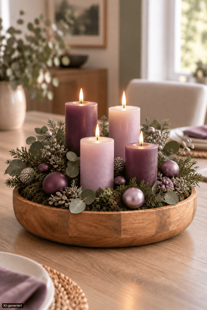 Rosa bis Pflaume
Weihnachtlich dekorierte Holzschale mit Kerzen in Rosa und Pflaume, Moos, Eukalyptus und passenden Kugeln