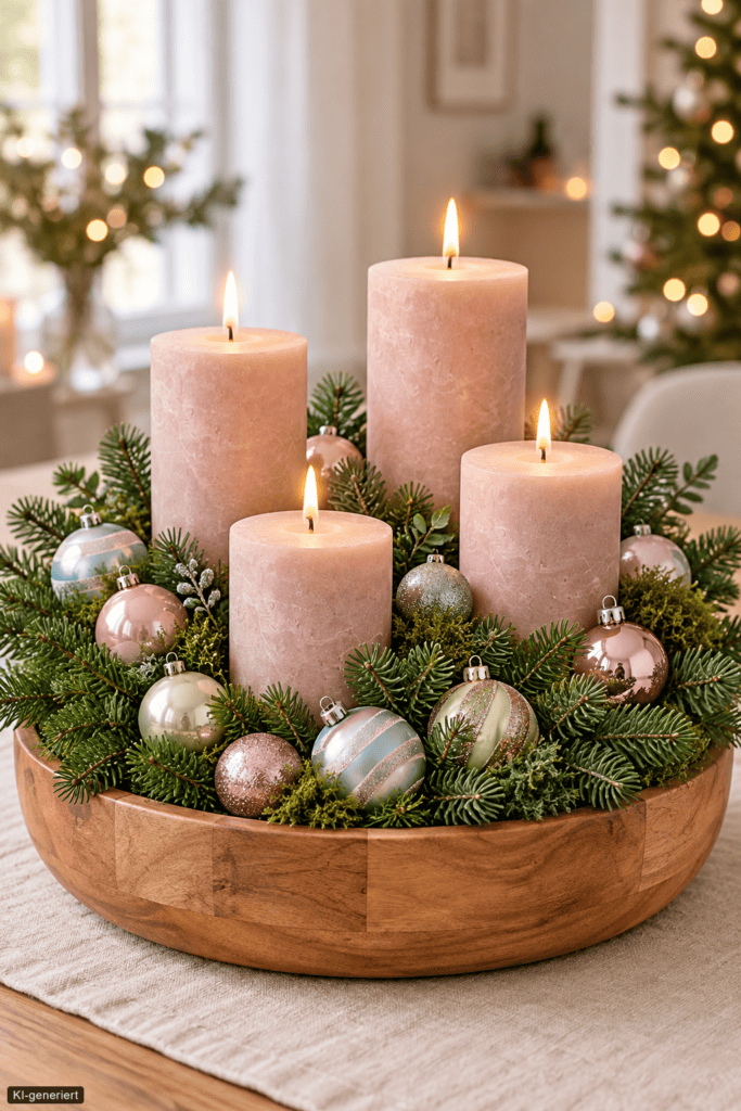 Puderrosa und Champagner
Große Holzschale mit vier puderrosa Kerzen, Tannengrün und glänzenden Weihnachtskugeln in Rosé und Champagner