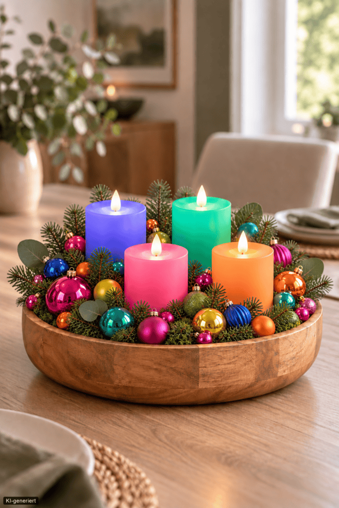 Farbenfrohe Weihnachtsdeko in einer Holzschale mit vier bunten LED-Kerzen, viel Tanne, Moos und bunten Kugeln