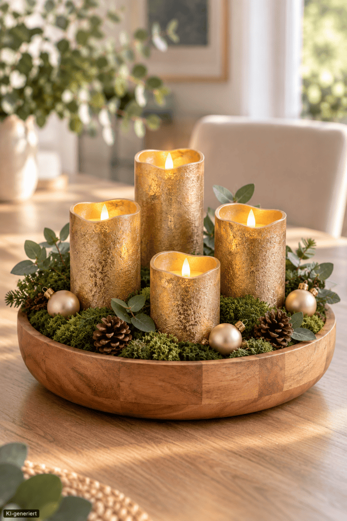 Goldene Kerzen
Festliche Holzschale mit vier goldenen Kerzen, dichtem Moos, Tannenzweigen und cremefarbenen Weihnachtskugeln