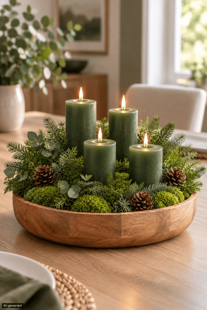 Weihnachtlich dekorierte Holzschale mit vier dunkelgrünen Kerzen, üppigem Moos, Tanne und kleinen Zapfen