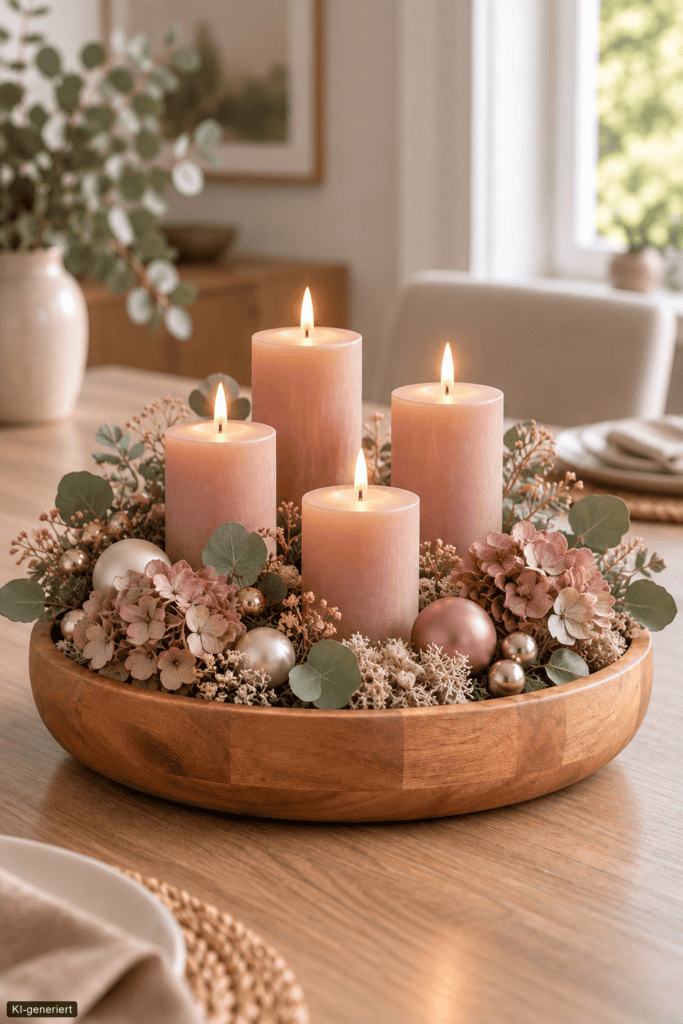 Holzschale mit vier altrosa Kerzen, Tannengrün, Moos und zarten Weihnachtskugeln in Rosé und Champagner