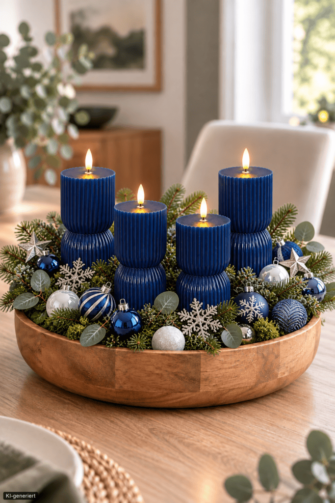 Festliche Holzschale mit dunkelblauen Kerzen, Tannenzweigen sowie blauen, weißen und silbernen Weihnachtskugeln