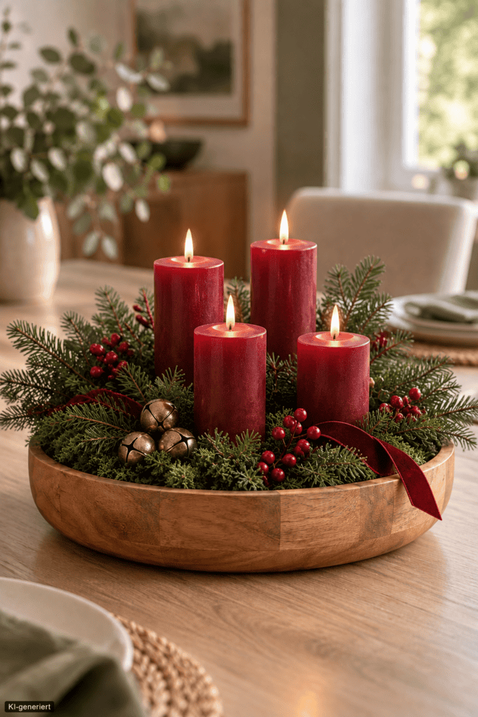 Weihnachtliche Holzschale mit vier roten Kerzen, grünem Moos, Tannenzweigen, Beeren und roten Kugeln