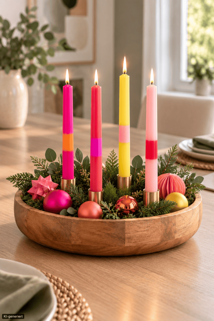 Moderne Adventsdekoration in einer Holzschale mit vier bunten Stabkerzen, Moos, Tanne und farbigen Kugeln