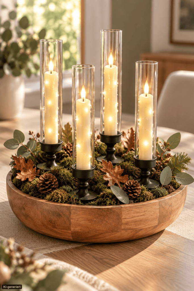 Kerzen im Glas
Festliche Holzschale mit vier hohen Gläsern, leuchtenden Kerzen, Tannengrün, Moos und kleinen Zapfen