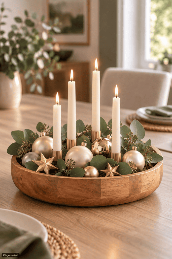 Weiß und Champagner
Elegante Weihnachtsdeko in einer Holzschale mit weißen Stabkerzen, Tanne und Kugeln in Creme und Champagner