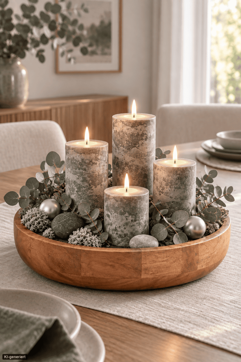 Holzschale weihnachtlich dekorieren: 15 Ideen mit Kerzen, Moos und Weihnachtskugeln