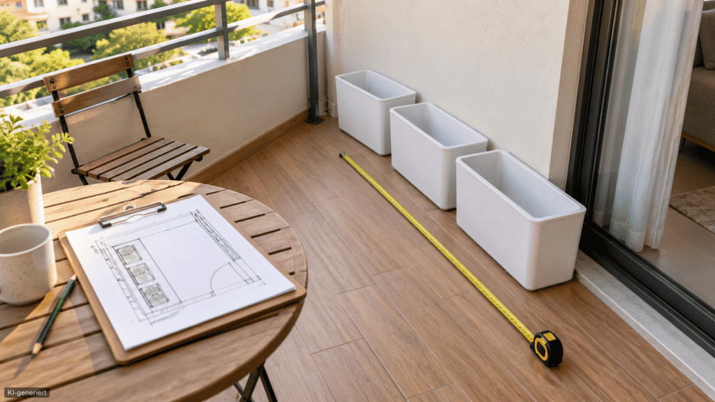 Essgarten auf kleinem Balkon planen: So nutzt du jeden Quadratmeter sinnvoll Maßband, leere Kübel und Skizze erklären die Planung sofort.