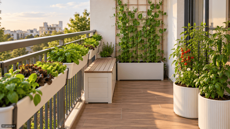 Essgarten auf kleinem Balkon planen: So nutzt du jeden Quadratmeter sinnvoll Es zeigt am klarsten, wie Boden, Geländer und Wand genutzt werden und trotzdem ein freier Weg bleibt.