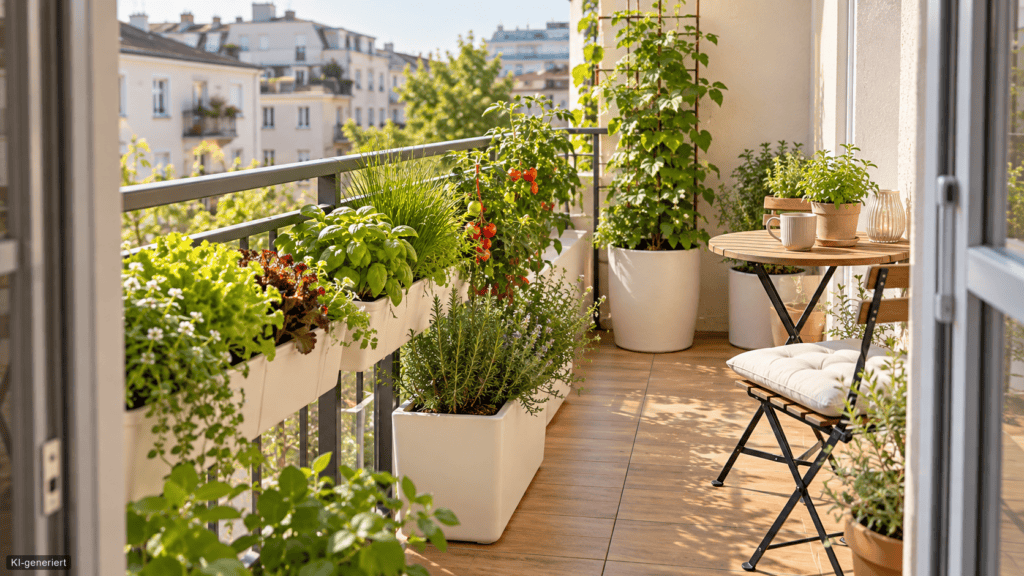 Essgarten auf kleinem Balkon planen: So nutzt du jeden Quadratmeter sinnvoll Es zeigt den fertigen, wohnlichen Essgarten mit Sitzplatz.
