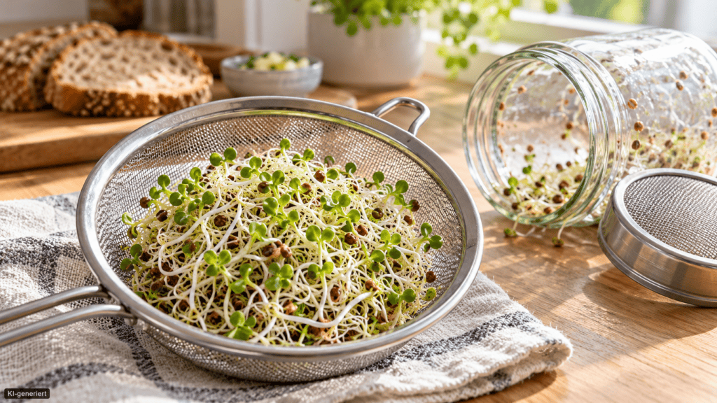 Geerntete Brokkolisprossen mit Keimblättern und Wurzeln liegen zum Abtropfen in einem Küchensieb