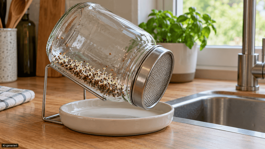 Junge Brokkolisprossen keimen im schräg gestellten Glas und können durch den Siebdeckel abtropfen