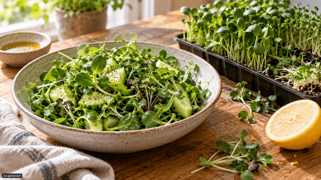 Microgreens essen: Welche Sorte passt zu welchem Gericht? Salat aus Erbsengrün, Sonnenblumen-Microgreens und Gurke neben einer Anzuchtschale