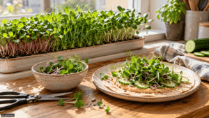 Microgreens essen: Welche Sorte passt zu welchem Gericht? Microgreens am Küchenfenster mit einem Hummus-Wrap.