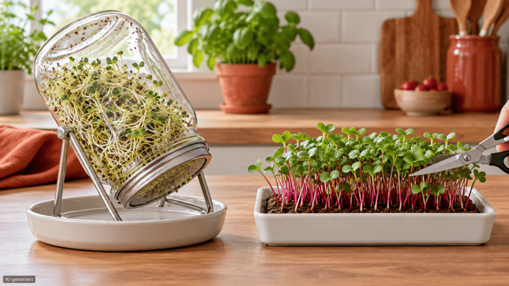 Sprossen im Spülglas neben Microgreens in der Schale.