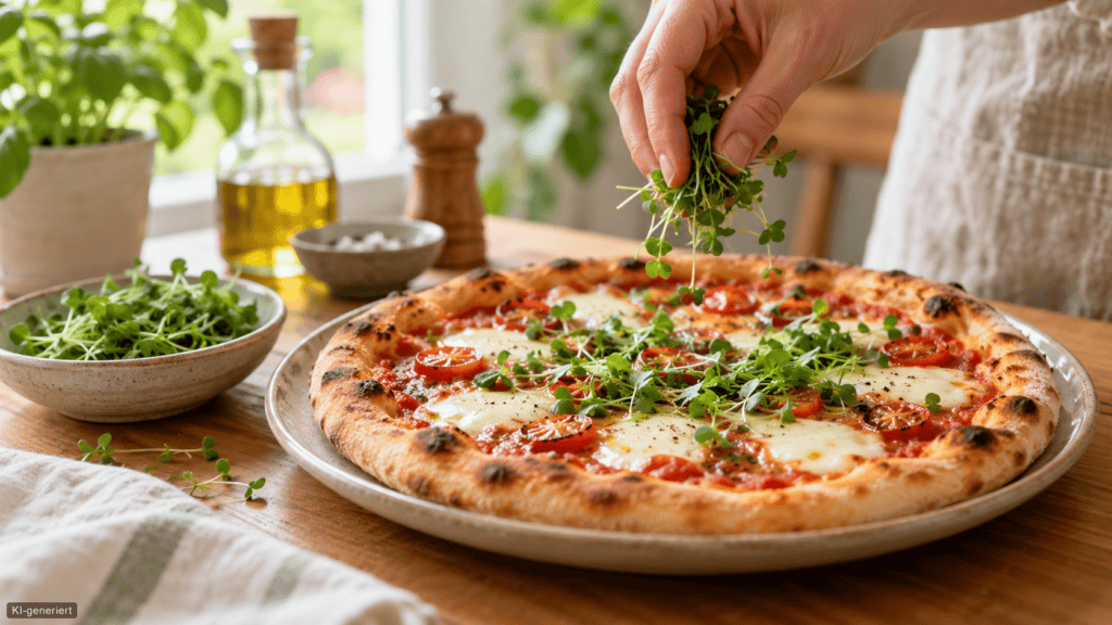 Microgreens essen: Welche Sorte passt zu welchem Gericht? Eine Hand streut frische Rucola-Microgreens auf eine fertig gebackene Pizza mit Tomaten und Mozzarella.