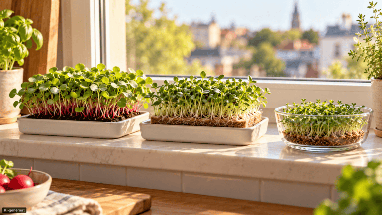 Drei Microgreens-Aufbauten auf einer Küchenfensterbank: links eine Erdschale, in der Mitte eine Schale mit Anzuchtmatte und rechts ein breites offenes Glas.