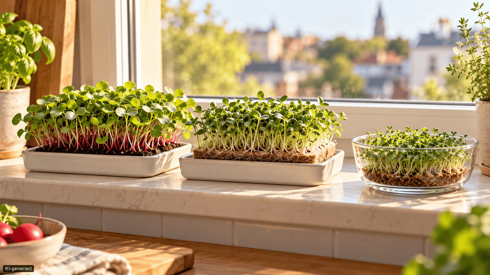 Drei Microgreens-Aufbauten auf einer Küchenfensterbank: links eine Erdschale, in der Mitte eine Schale mit Anzuchtmatte und rechts ein breites offenes Glas.