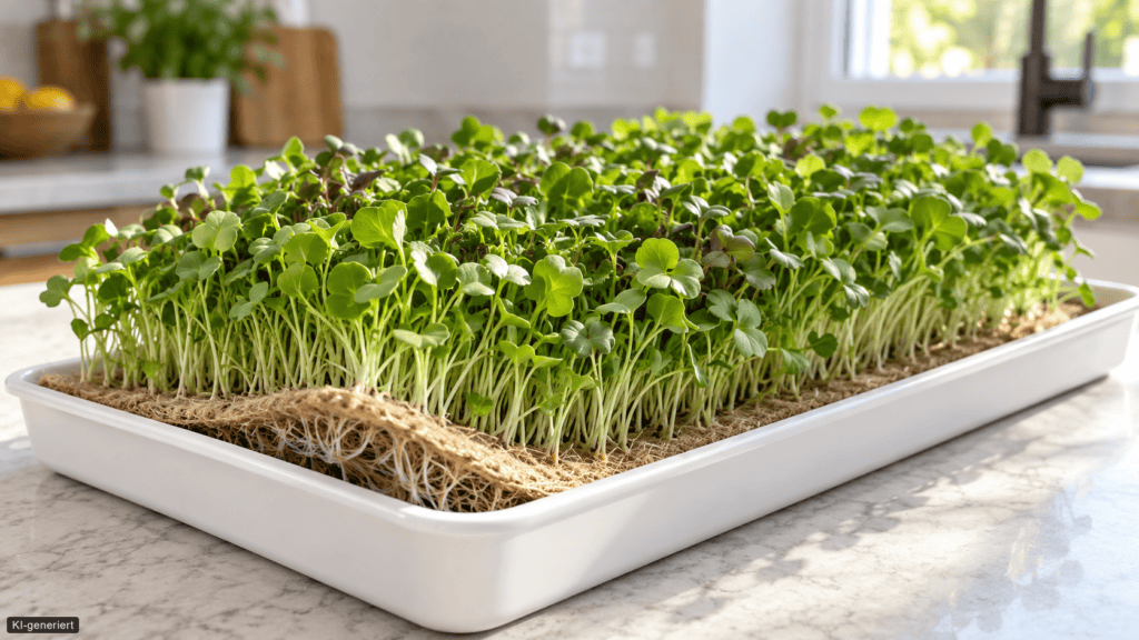 Microgreens wachsen auf einer Naturfasermatte in einer flachen weißen Schale. Am vorderen Rand sind Matte und feine Wurzeln zu sehen.