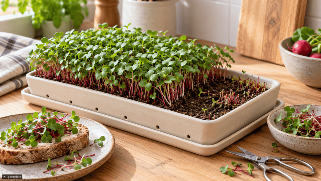 Radieschen-Microgreens wachsen in einer flachen Schale mit Anzuchterde und Unterschale. Ein Teil der Halme ist bereits für ein Brot geerntet.