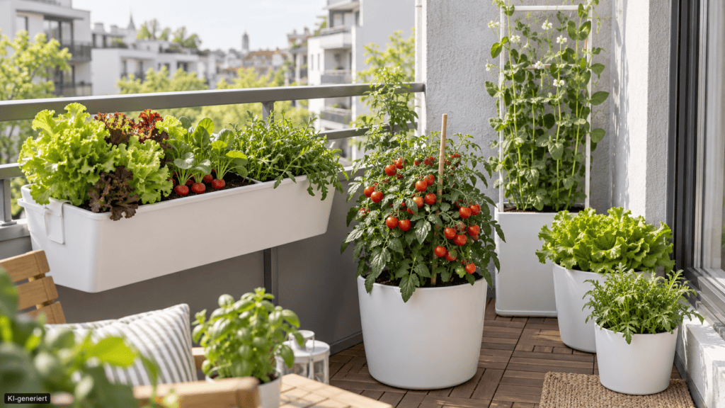 Mini-Gemüse für kleine Balkone: Welche Sorten sich im Topf wirklich lohnen Moderner kleiner Stadtbalkon mit weißen Kübeln, Pflücksalat, Radieschen, kompakter Topftomate und Erbsen auf Holzoptikfliesen